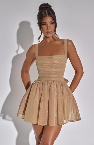 Clothfun Short Homecoming Dresses for Teens Sparkly Square Neck Mini Cocktail Party Gown CY2182