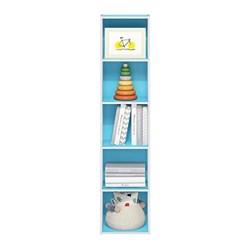 Image of Furinno PASIR Book Shelf, 5-Tier Modern Bookshelf, Open Shelves Bookcase 9 x 12 x 52, Easy Assembly, for Living Room, Bedroom, Home Office, Light Blue /White