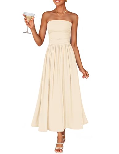 ZESICA Women's Summer Sleeveless Midi Dress 2026 Strapless Ruched A Line Flowy Wedding Guest Party Beach Long Dresses Apricot Medium