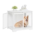 Hzuaneri Dog Crate Furniture, 81 cm Double Door Wooden Dog Crate with Barn Door, Indoor Kennel, End Side Table Animal Crates for Small Medium Dogs, Anti-Chew Anti-Escape, White DFC83613W