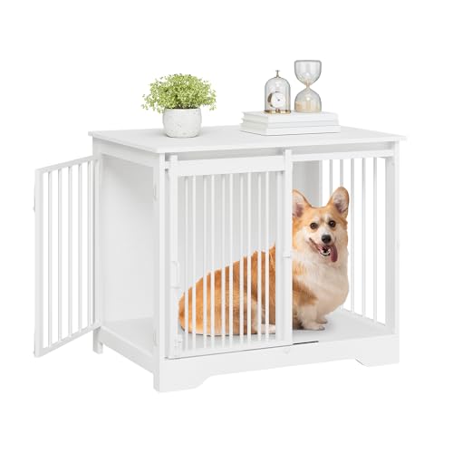 Hzuaneri 81cm Gabbia per Cani, Tavolo Supplemento, Nicchia Moderna per Cani, Gabbia per Cuccioli, Casetta per Animali, 2 porte, 55 x 81 x 67,5 cm, Bianco DFC83613W