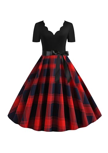 EFOFEI Damen Bequeme Tägliche Farbblock Kleid Lose Elegante Slim Fit Kleider Herbst Weiche V-Ausschnitt Kleider Rot Blau Plaid XXL