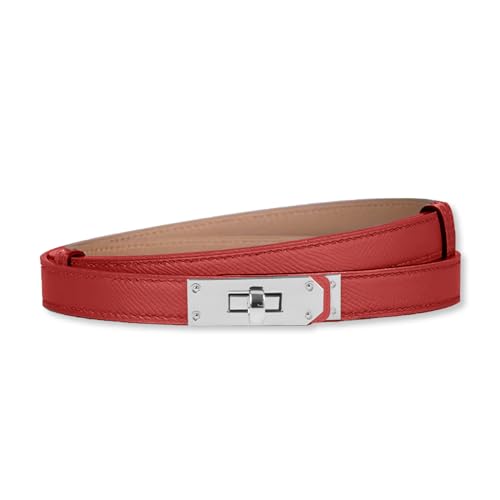 LumiSyne Women Skinny Leather Belt Solid Color Alloy Turn Lock Adjustable Waistband Thin Waist Belt For Dress Jeans Coat, Red/Silver, One size