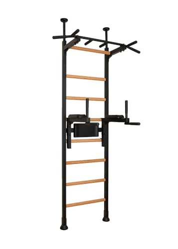 BenchK 522B Wallbars, Stall Bars, Swedish Ladder, Gymnastic Ladder with Fixed Steel 6-Grip Pull Up Bar, Dip Bar with Polyurethane Back Support, Floor to Ceiling or Wall Mounting