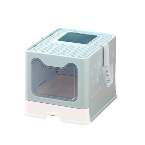 Holowa 猫トイレ ネコ システムトイレ 猫用砂が飛び散らない 臭わない スコップ付き 清潔しやすい 漏れ砂穴設計 正面入口 上から出る 引き出し式 折りたたみ式 収納簡単 可愛い猫顔ドア (ブルー)