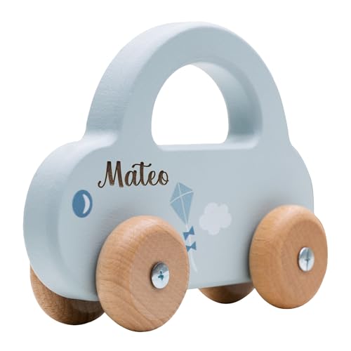 minipishop® Baby Geschenk personalisiert Junge Spielzeug Holzauto Blau I Erstes Auto mit Namen als Geschenkidee zur Geburt Holzspielzeug ab 1 Jahr