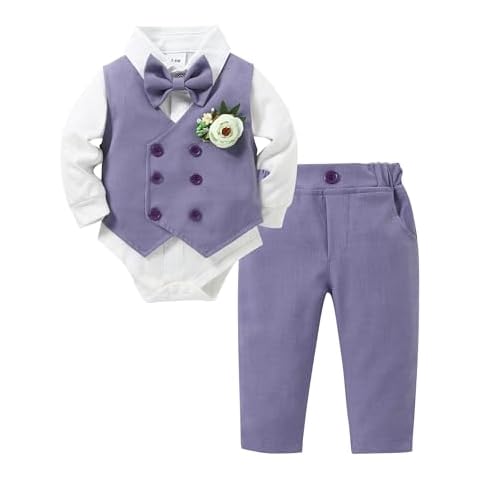 DISAUR Baby Boy Clothes Suits 5PC Infant Gentleman Outfit Dress Shirt+Bowtie+Vest+Corsage+Pants Wedding Baby Suit(6-12 Months, Purple) Cover