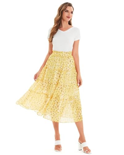 DIASHINY Women's Boho Printed High Waist Pleated Layered Elastic Waist A Line Long Skirt Yellow M2