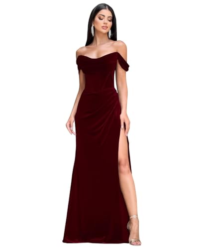 VTsiERY Velvet Long Prom Dresses with Slit 2026 Off Shoulder Mermaid Bridesmaid Dress for Women Wedding Guest Gown Burgundy US 12
