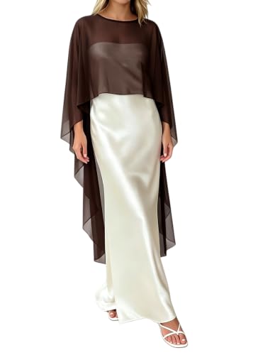 TUWIXIUW Women Chiffon Brown Cape Shawl High Low Mesh Sheer Capelets for Evening Dresses Bridal Wedding Capes Cover Up(Asymmetrical Brown One Size)