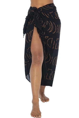 Back From Bali Womens Print Black Sarong Coverup Swimsuit Pareo with Boho Fringe & Coconut Clip - Wrap Skirt or Beach Shawl