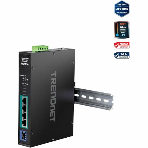 Image of TRENDnet 5-Port Industrial Gigabit PoE+ Switch, Wide Temperature Range -20 - 65C (-4 - 149F), DIN-Rail Switch, 50-55V DC, 4 x Gigabit PoE+ Ports, 1 x Gigabit SFP Slot, TI-PGM541, Black