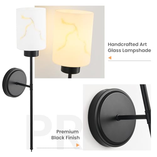 Image of Black Wall Sconces Set of 2 with Marble Glass Shade, Modern Bathroom Vanity Light Fixtures for Bedroom, Hallway, Entryway, Living Room