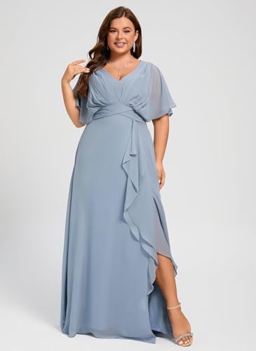 Dessiny Flutter Sleeves Plus Size Bridesmaid Dresses with Slit Chiffon V Neck Formal Party Dresses 2025 DE543