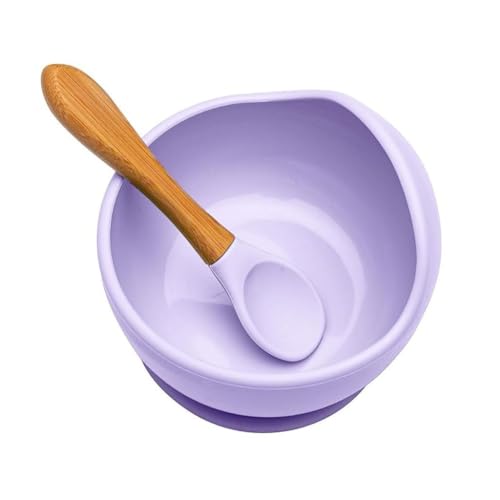 Image of Baby Silicone Feeding Bowl Set, Bpa Free Food Grade Non-Slip and Safe Dinnerware of Baby Snack Soup Bowl, Adjustable Bib Cup and Spoon for Toddler Kids (Set : 1, Color : Purple)