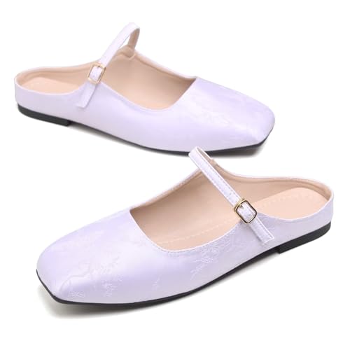 LUXINYU Retro Mules for Women Dressy Square Toe Backless Flat Mules with Strap Embroidered Satin Mary Jane Shoes4