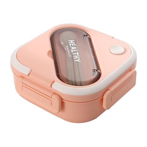 GTHUNDER Bento Box, food grade PP, compartmentalized design, 45.75 oz, leak-proof, with handle, for salad and cutlery, great for work, picnic, travel, microwave, freezer safe, square, pink color Cover