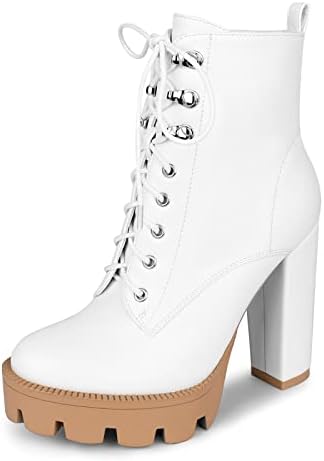 wetkiss White Platform Boots for Women Heeled Combat Boots Womens Chunky Heel Boots for Women White Boots for Women Ankle Booties Round Toe Lace Up High Heel Boots Heeled Boots for Women