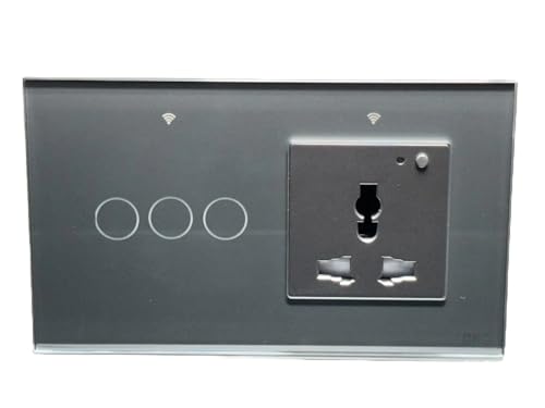 Image of QNQ SMART WiFi TOUCH SWITCH 3 SWITCHES + 1 UNIVERSAL SOCKET (10 amps each) 800 WATT /SWITCH GLASS : Elevate Your Home with Effortless Control Home Automation. fits in 4 module concealed board (GREY)