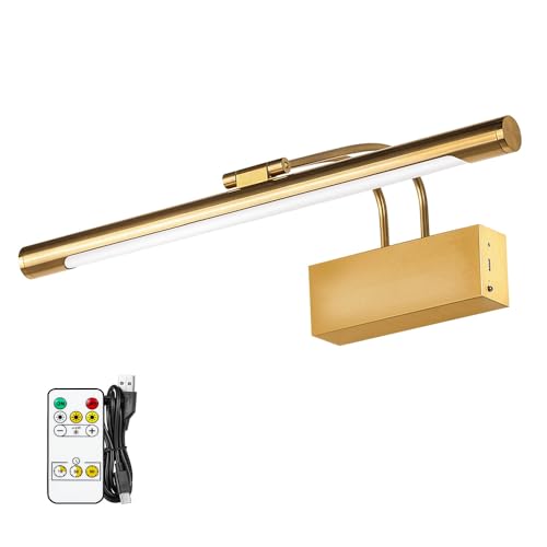 WAMBLZ Battery Operated Picture Light for Wall 16 inch Wireless Art Lighting Brass Painting Light Gold Dimmable Gallery Lights Rechargeable Picture Frame Light with IR Remote Control