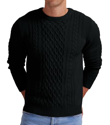 Hisir Suéter Hombres de Invierno con Cable Grueso Cuello Redondo Cálido Suéter de Manga Larga de Punto de Cuello Redondo Suéteres de los Hombres (Negro, M)