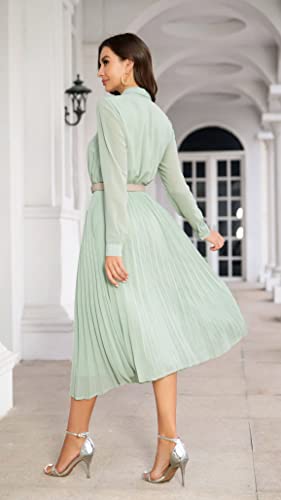 Image of Business Casual Shirt Dress for Women Long Sleeves Pleated Midi Dresses with Belt