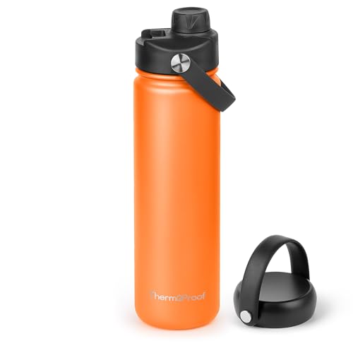 Image of ThermoProof Double-Walled Vacuum Insulated Stainless Steel Water Bottle - Wide Mouth with Chug & Spout Lids, Dishwasher Safe, Reusable, Leakproof, Hot & Cold for Men, Women - 22oz, Sunset Orange