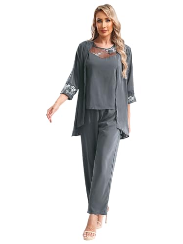 Alvivi Traje Elegante de Tres Piezas para Mujer Conjunto Pantalón de Fiesta Vestir y Blusa Gasa sin Mangas y Rebeca Cárdigan Frente Abierto S 5XL Gris XL