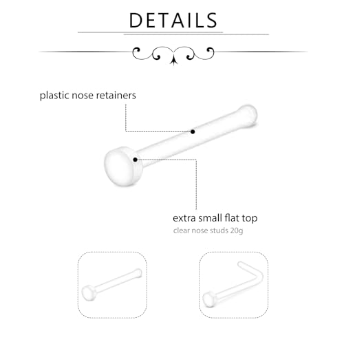 D.Bella 18G 20G Clear Nose Studs Acrylic L Shape Nose Rings Bioflex Bone Pin Straight Nose Studs Flexible Nose Piercing Retainer Flat Top for Men Women3