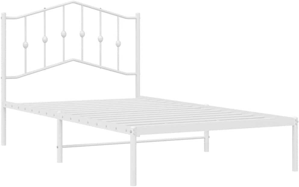 White Steel Single Bed Frame Modern Rectangular Platform Frame with Sturdy Headboard for Bedroom Mattress Support No-Box-Spring-Needed Easy Assembly Durable Furniture