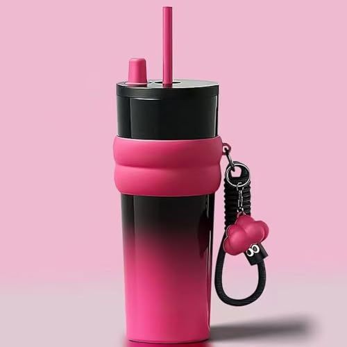 KDTJFH ストロー付きタンブラー 蓋付き 316ステンレスボトル ストローホールプラグ自動反発 錆びに 強い頑丈 優質 広口 洗いやすい 真空断熱 水筒 大容量 710ml 車用 トレーニング用 アウトドア 釣り 遠足 登山 キャンプ オフィス (ピン