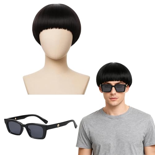 Short Black Funny Wigs for Men Women, with a Pair of Black Glasses, Funny Wigs with Bangs, Synthetic Short Wig, 60s 70s 80s Hari Used for Daily Halloween Party Gatherings Role Playing