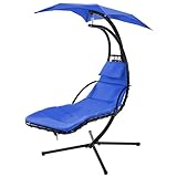 Outdoor Hanging Curved Steel Chaise Lounge Chair Swing w/Built-in Pillow and Removable Canopy, Hanging Curved Chaise Lounge Chair Swing for Patio Porch Poolside, Hammock Chair with Stand (Navy)