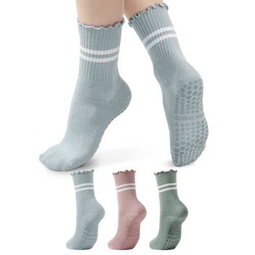 Image of American Trends Pilates Crew Socks for Women with Grips, Non Slip Ruffle Sock for Yoga Barre and Workout