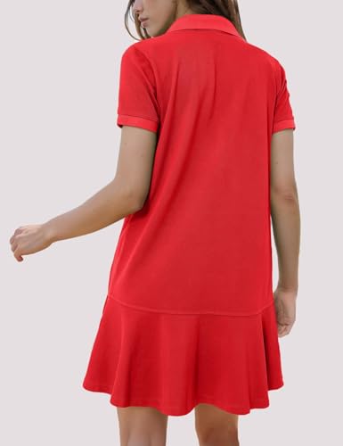 Image of Flygo Womens Polo Dress Summer Short Sleeve Ruffle T Shirt Dress | V Neck Lapel Henley Collar, Three Button Placket, Soft Pique Fabric, Short Mini Tunic Dress, Preppy Golf Tennis Activewear