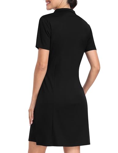 AjezMax Sportkleider Damen Golf Polo Kleider Knielang Ärmellos Sommer Freizeitkleider Atmungsaktiv Polokleid mit Reißverschluss Schwarz XXL