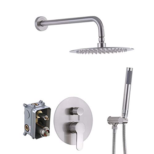 KES Pressure Balancing Shower System Rough-in Shower Valve Faucet and Trim Kit Handheld and Rainfall Shower Head Combo Modern Round Brushed Nickel, XB6234-BN
