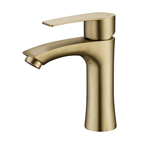 HIMK Brushed Gold Bathroom Faucet, Single Hole Modern bathroom Faucet with Single Handle,Stainless Steel Bathroom Sink Faucet with Water Supply Hoses