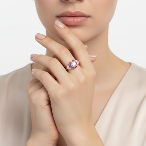 Image of Rose Gold Plated Diamond CZ & Blue Sapphire Petal Halo Engagement Ring for Women, Petite Round Shape Wedding & Everyday Jewelry, Handmade Gift for Wife US Size 4-12