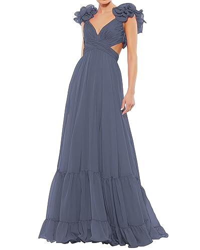 SHSUREVE Chiffon Ruffle Prom Dresses Long for Women A Line Bridesmaid Dresses Tiered Backless Formal Evening Gowns