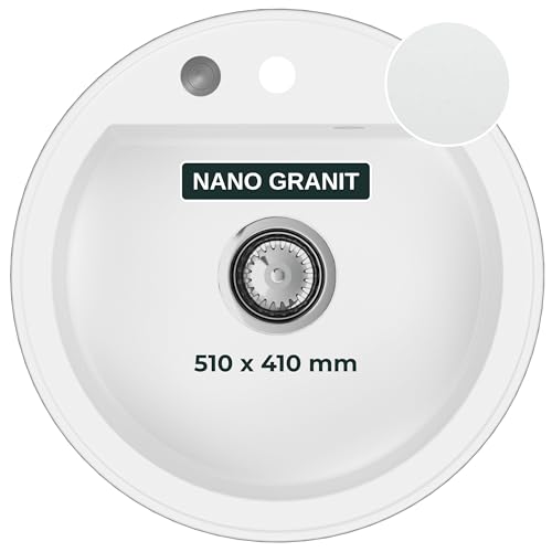 SINK QUALITY Évier de cuisine, rond, blanc, diamètre 51 cm, siphon avec bouton pression et imprégnation, en granit, pour armoires inférieures à partir de 55 cm de large, encastrable