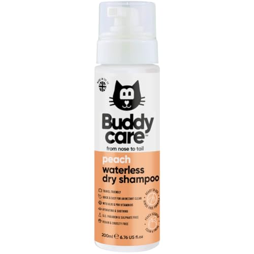 Buddycare Shampoo secco senza risciacquo per gatto alla pesca | Shampoo detergente profondo per gatti | Fragranza fresca | con Aloe Vera e Pro-Vitamina B5 (200ml)