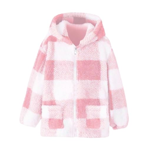 Coats Girls Plaid Zip Hooded Jackets Long Sleeve Tartan Fuzzy Jackets Dropped Shoulder Winter Jacket with Pocket