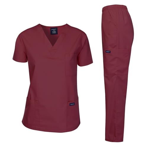 Dagacci Medical Uniform Womens and Mens Scrub Set Unisex Medical Scrub Shirt Top and Pant, Burgundy, Medium