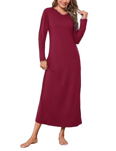 Demegimi Nachthemd Damen Langarm Schlafshirt Baumwolle Lang Spitze Nachtkleid Winter Nachtwäsche S-3XL