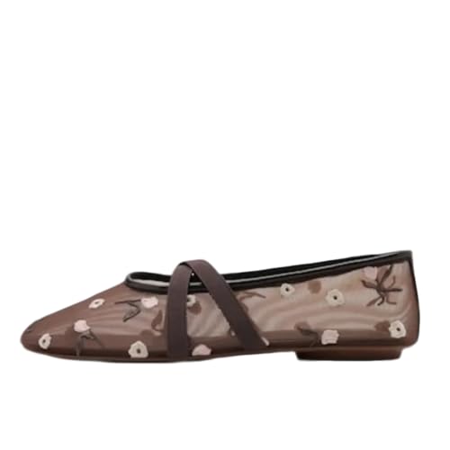 Embroidered Flowers Mesh Ballet Flats for Women Round Toe Slip On Mary Jane Flats with Elastic Cross Strap Comfortable Casual Summer Ballerina Shoe