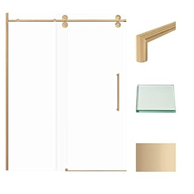 Transolid TPBT608010C-T-CB Teegan Plus 56.5-59 in. W x 80 in. H Semi-Frameless Sliding Barn Shower Door with Fixed Panel in Champagne Bronze with Clear Glass and Turin Handles