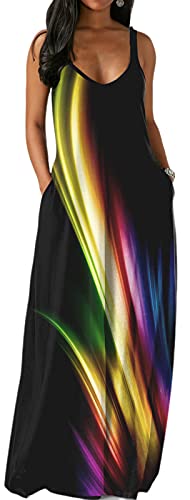 yilisaxi Casual Dresses for Women Rainbow Maxi Sexy Tie Dye Bodycon Long Floor Length V-Neck Adjustable Spaghetti Strap Sleeveless Colorful Sundresses Plus Size with Pockets in The Summer(Rainbow L)