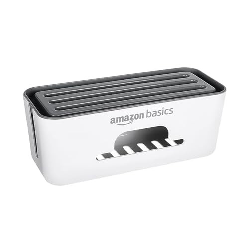 Image of Amazon Basics - Cable Management Box with Mobile Stand - Power Strip, Cords, Wires | Surge Protector Hiding Cover Organizer for Home, Office (White)