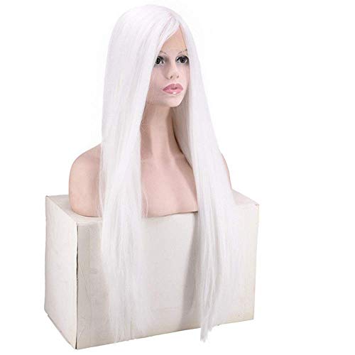 Perruque blanche dentelle frontale tissée main cheveux longs raides synthétiques - 6